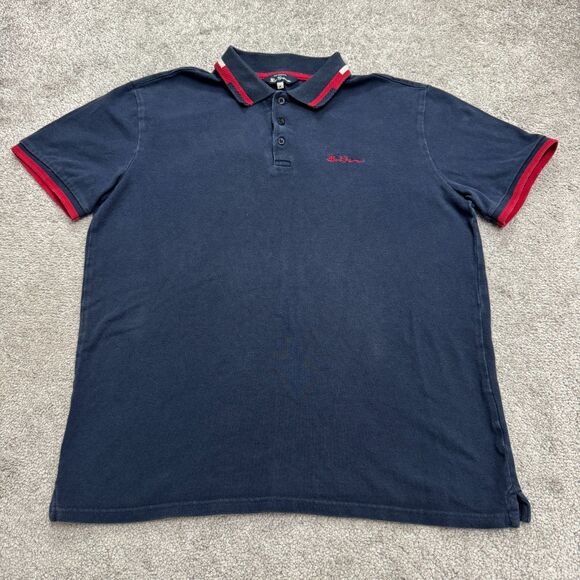 Ben Sherman Polo Shirt Mens Medium Blue Red Short Sleeve 100% Cotton Casual Prep - Picture 1 of 13